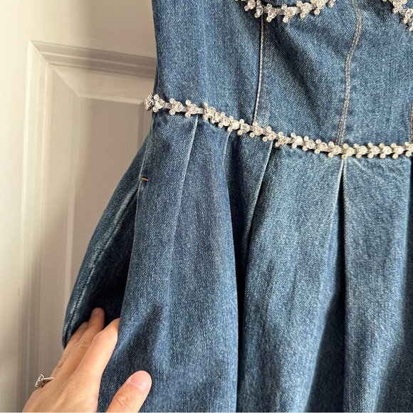 Self Portrait Crystal Diamante Embellished Denim Mini Dress - Picture 4 of 8